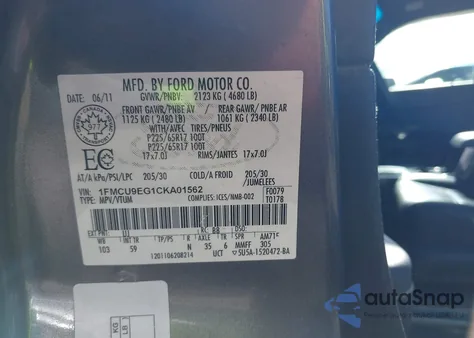 2012 Ford Escape Limited z USA, uszkodzony, nr VIN 1FMCU9EG1CKA01562